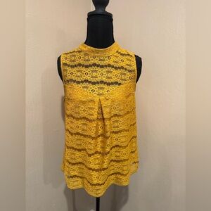 Lily White Mustard Yellow Sleeveless Lace Mock Neck Top with Double Button Neck